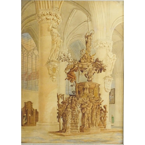 1756 - 19th century, Continental School, Watercolour, A Cathedral interior with carved Baroque pulpit. Appr... 