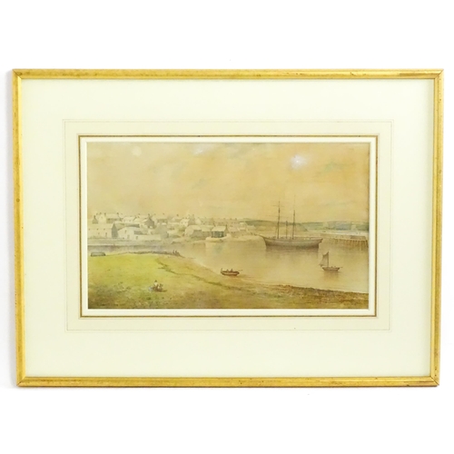 1764 - R. P. Herdman, 19th century, Watercolour, A view of an estuary with town, pier, schooner / boats and... 