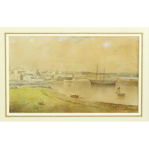 1764 - R. P. Herdman, 19th century, Watercolour, A view of an estuary with town, pier, schooner / boats and... 