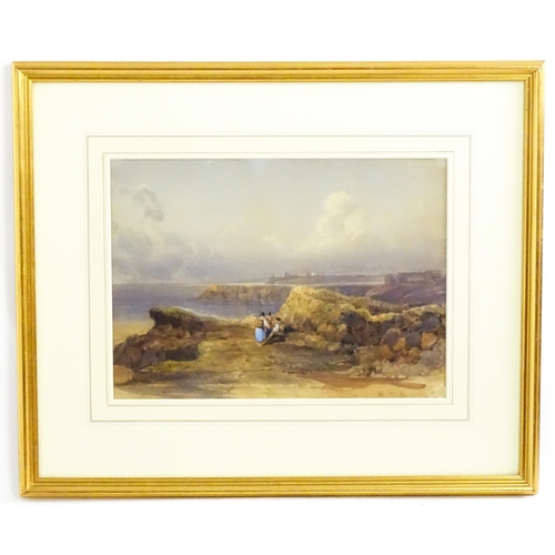 1768 - 19th century, Watercolour, A coastal scene with a view of Whitby with figures. Signed with monogram ... 