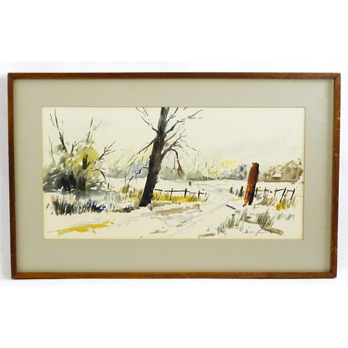 1773 - Anthony Charles Roberts, 20th century, Watercolour, A winter country landscape with figure walking i... 