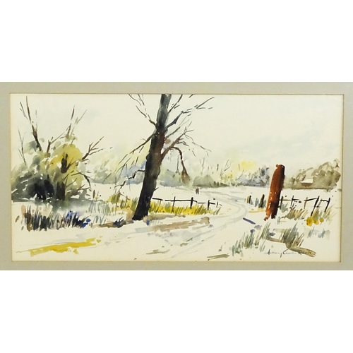 1773 - Anthony Charles Roberts, 20th century, Watercolour, A winter country landscape with figure walking i... 