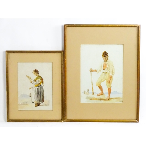 1778 - Italian School, Watercolours, Two portraits comprising a fisherman hiking, and a woman with thread a... 