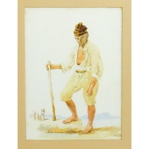 1778 - Italian School, Watercolours, Two portraits comprising a fisherman hiking, and a woman with thread a... 