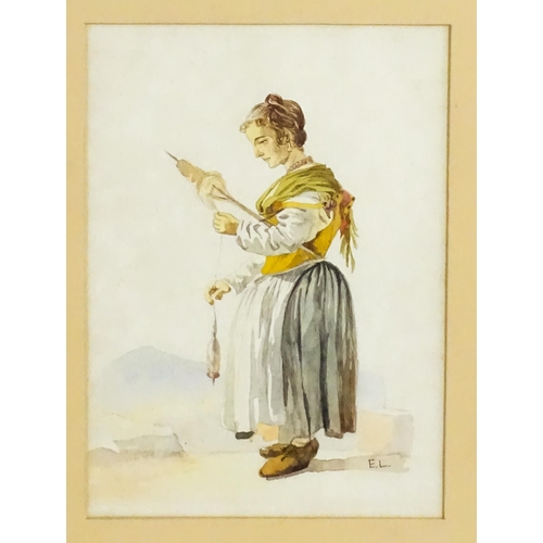 1778 - Italian School, Watercolours, Two portraits comprising a fisherman hiking, and a woman with thread a... 