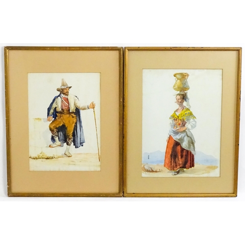 1780 - Italian School, Watercolours, A pair of portraits, one depicting a man wearing a traditional hat, th... 