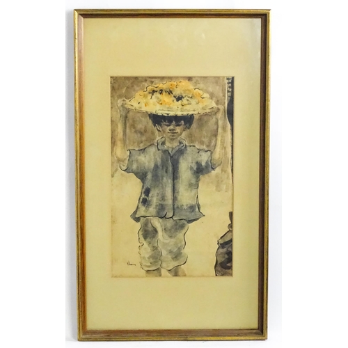 1785 - 20th century, Watercolour, An Asian boy carrying a platter of fruit on his head. Indistinctly signed... 