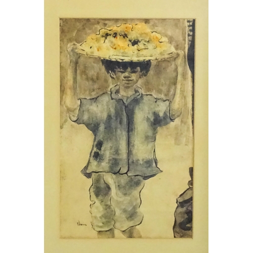 1785 - 20th century, Watercolour, An Asian boy carrying a platter of fruit on his head. Indistinctly signed... 