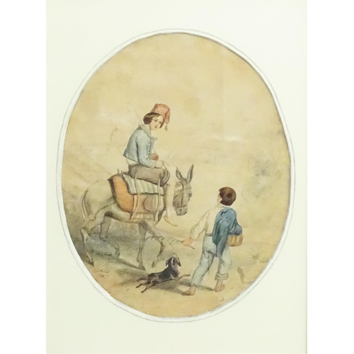 1792 - 19th century, Italian / Neapolitan School, Watercolour, Children with a donkey and dog in a landscap... 