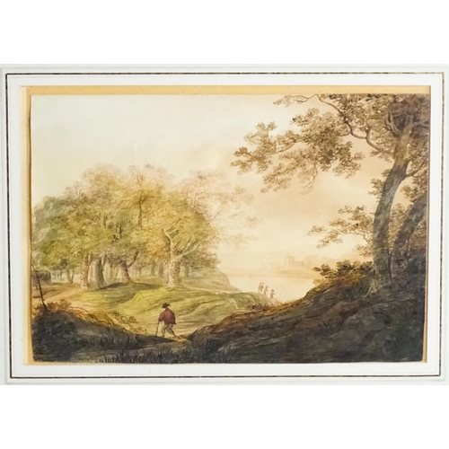 1796 - William Payne, Watercolours, A pair comprising Abbey ruins with figures walking along the river, and... 