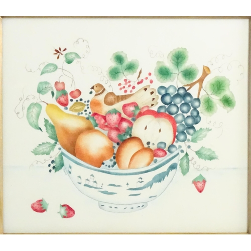 1798 - 20th century, Watercolour on cloth, A naive / folk art theorem style study of fruit and a turtle dov... 