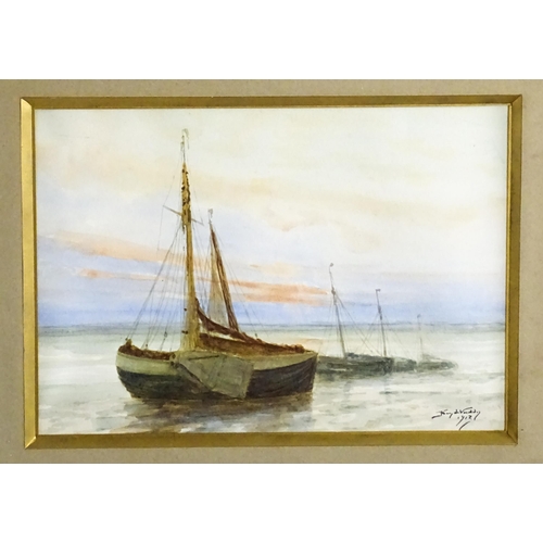 1800 - Franz de Vadder (1862-1936), Marine School, Watercolours, A pair, Three watercolours mounted togethe... 