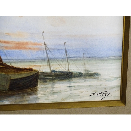 1800 - Franz de Vadder (1862-1936), Marine School, Watercolours, A pair, Three watercolours mounted togethe... 