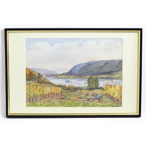 1803 - Isabel Violet Banks, Early 20th century, Watercolour, Vineyards on the Rhine at Rolandseck, Germany.... 