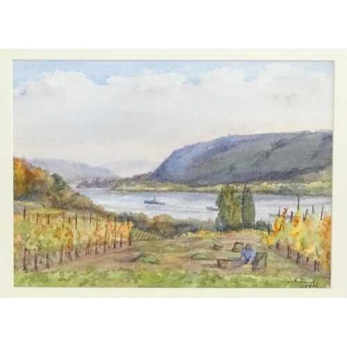 1803 - Isabel Violet Banks, Early 20th century, Watercolour, Vineyards on the Rhine at Rolandseck, Germany.... 