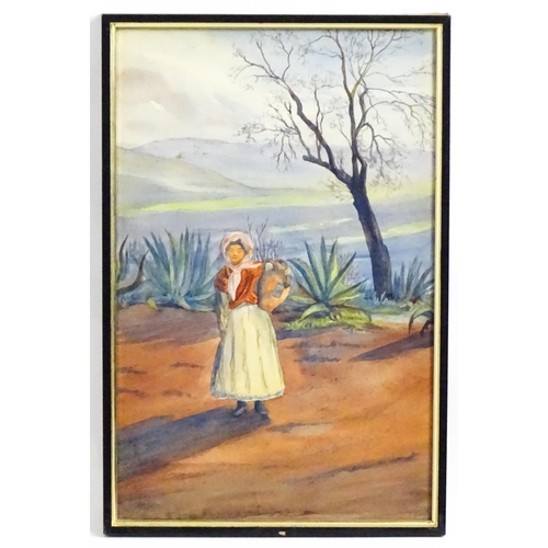 1808 - Isabel Violet Banks, Early 20th century, Watercolour, A girl carrying water in a Spanish landscape a... 