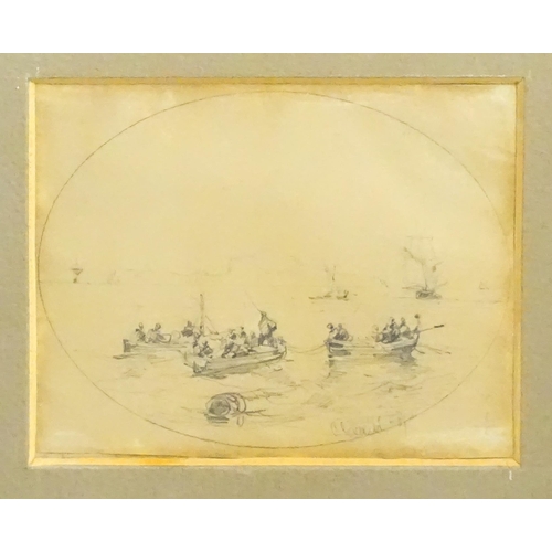 1843 - Consalvo Carelli (1818-1900), Italian School, Pencil drawing, The Bay of Naples with a boats and fis... 