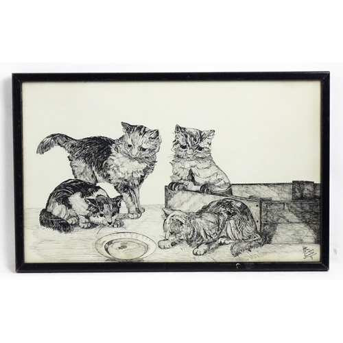 1845 - H. Jones, 20th century, Pen and ink, A study of four cats watching a wasp in a dish. Signed and date... 