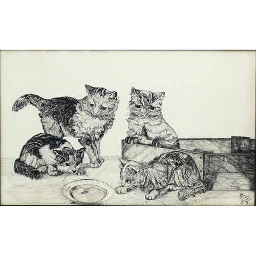 1845 - H. Jones, 20th century, Pen and ink, A study of four cats watching a wasp in a dish. Signed and date... 