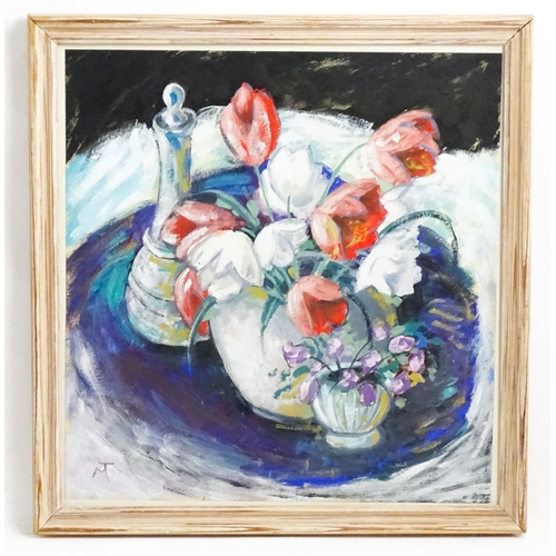 1846 - 20th century, Gouache, A still life study with tulips and a decanter. Signed with initials MT lower ... 