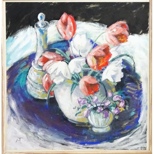 1846 - 20th century, Gouache, A still life study with tulips and a decanter. Signed with initials MT lower ... 