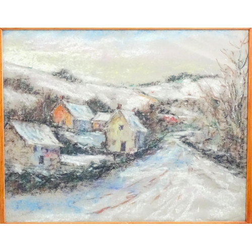 1848 - John Edwards, Pastel on paper, A winter scene with snow covered cottages on a country lane, possibly... 