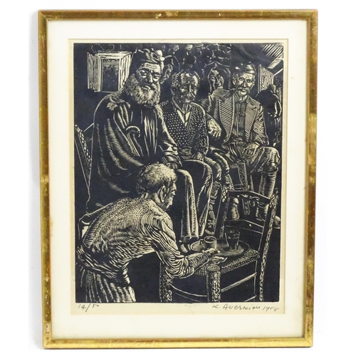 1856 - Kostas Averkiou (1917-1981), Greek Cyriot School, Woodcut, Untitled, An interior scene with seated f... 