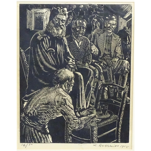 1856 - Kostas Averkiou (1917-1981), Greek Cyriot School, Woodcut, Untitled, An interior scene with seated f... 