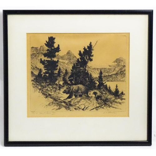 1857 - Reinhold H. Palenske, (1884-1954), Etching, A mountain scene with bears. Signed with dedication in p... 