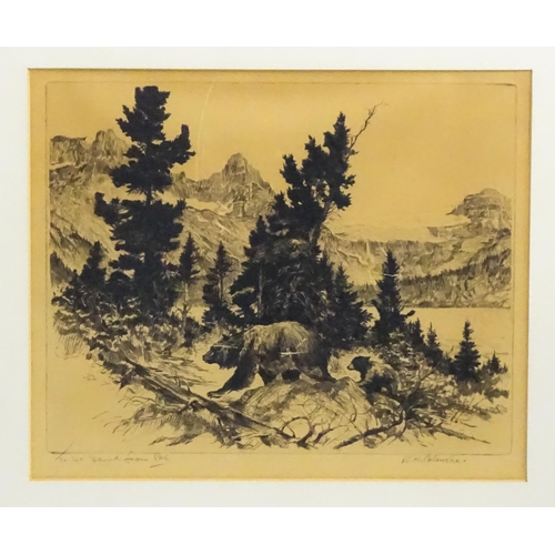 1857 - Reinhold H. Palenske, (1884-1954), Etching, A mountain scene with bears. Signed with dedication in p... 