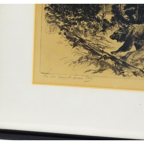 1857 - Reinhold H. Palenske, (1884-1954), Etching, A mountain scene with bears. Signed with dedication in p... 