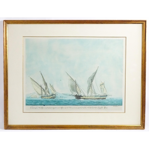 1865 - 20th century, Greek School, Lithograph, Sailing ships at sea with a view of the Castle of Bougazi. T... 