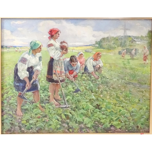 1685 - Anatoly Shkurko (1924-2019), USSR / Russian School, Oil on canvas, Women harvesting the fields. Sign... 