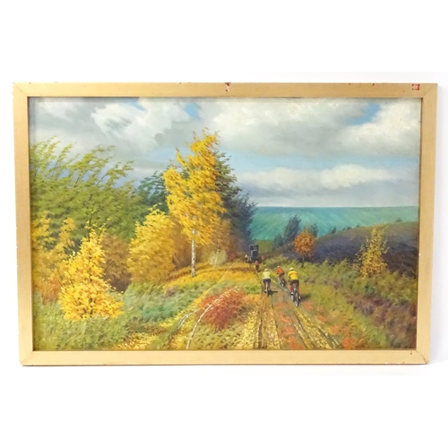 1686 - 20th century, USSR / Russian School, Oil on canvas, An autumn landscape with cyclists. Approx. 38 3/... 