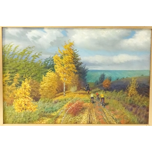 1686 - 20th century, USSR / Russian School, Oil on canvas, An autumn landscape with cyclists. Approx. 38 3/... 