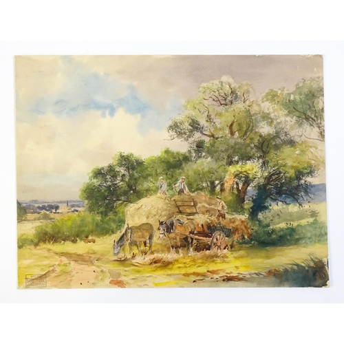 1894 - Henry Charles Fox (1860-1929), Watercolour and pencil, Unloading the hay cart with horses and farmer... 