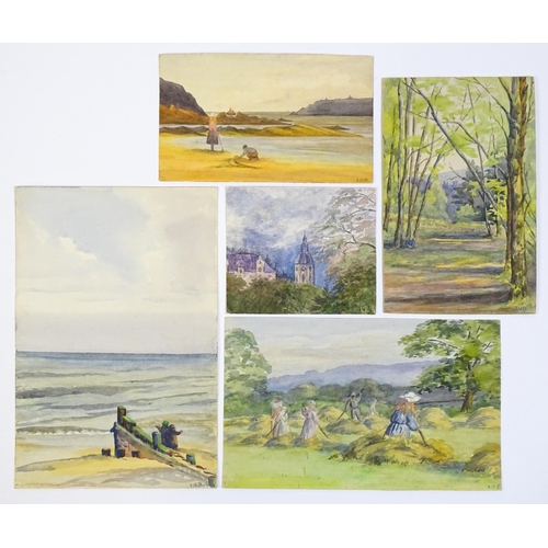 1902 - Isabel Violet Banks, 20th century, Watercolour, Five assorted scenes to include haymaking, a woodlan... 