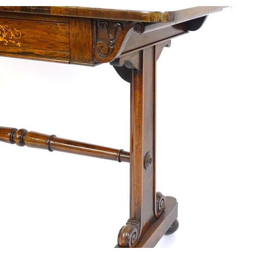 1434 - A 19thC rosewood centre table of exceptional quality, the figured rosewood top above a single frieze... 