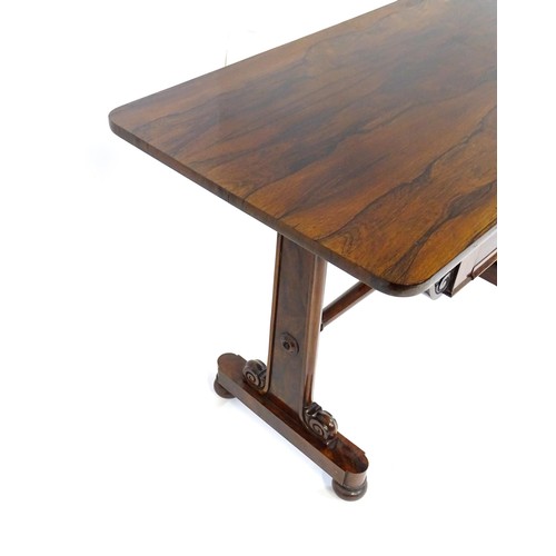 1434 - A 19thC rosewood centre table of exceptional quality, the figured rosewood top above a single frieze... 