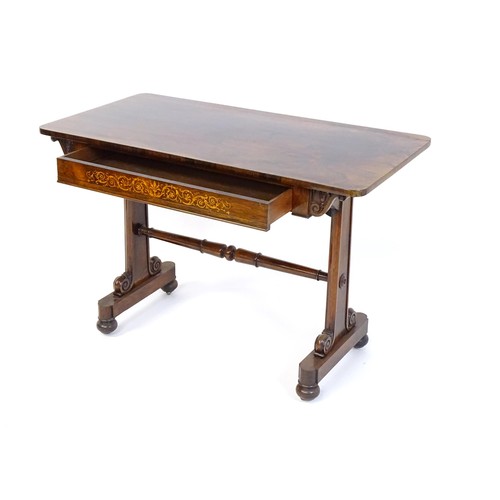 1434 - A 19thC rosewood centre table of exceptional quality, the figured rosewood top above a single frieze... 