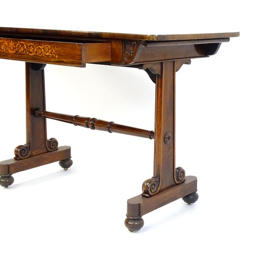 1434 - A 19thC rosewood centre table of exceptional quality, the figured rosewood top above a single frieze... 