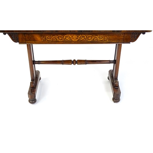 1434 - A 19thC rosewood centre table of exceptional quality, the figured rosewood top above a single frieze... 