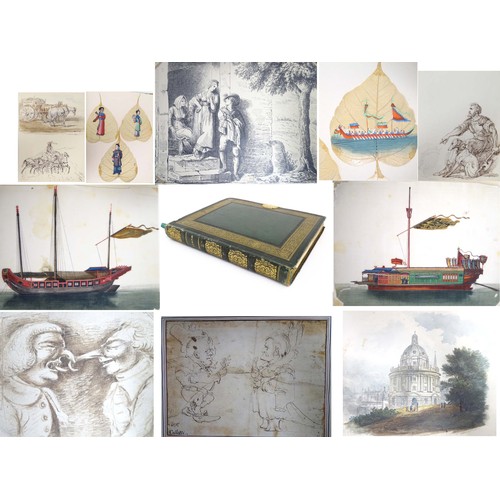 1939 - A 19thC scrapbook with various pencil, ink and watercolour drawings, to include an Old Master style ... 