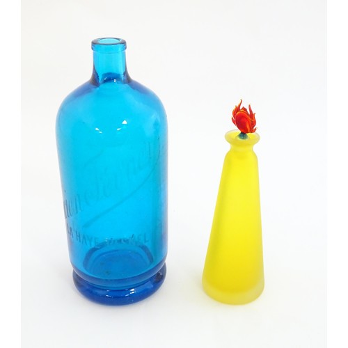 247 - An art glass scent bottle of conical form with yellow, orange and blue detail. Together with a Frenc... 