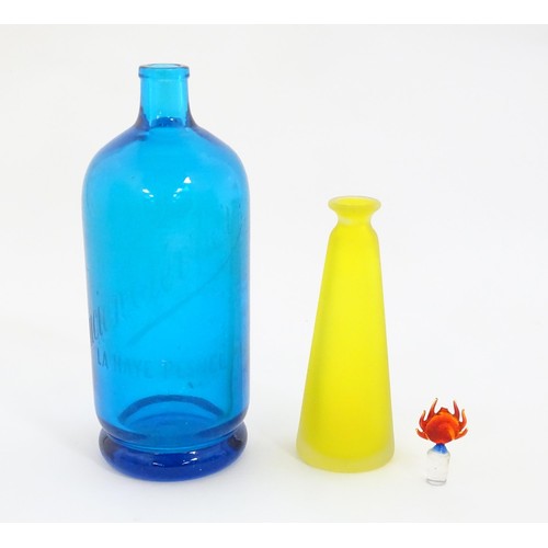 247 - An art glass scent bottle of conical form with yellow, orange and blue detail. Together with a Frenc... 