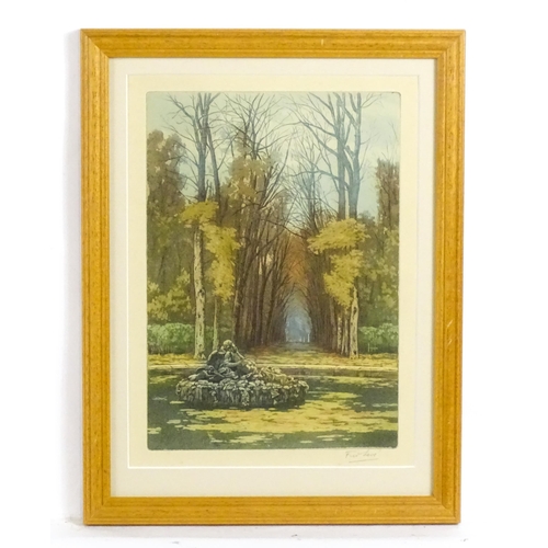 65 - After Frederic Louis Leve (1877-1968), Colour aquatint, Bassin de Saturne, Versailles. Signed in pen... 