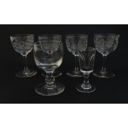 139 - Six assorted 19thC and later pedestal drinking glasses, some with engraved fern decoration. The tall... 