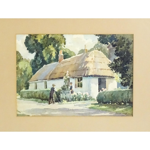 185 - Ernest Denton (1891-1959), Watercolour, A village scene with two men outside a thatched cottage. Sig... 