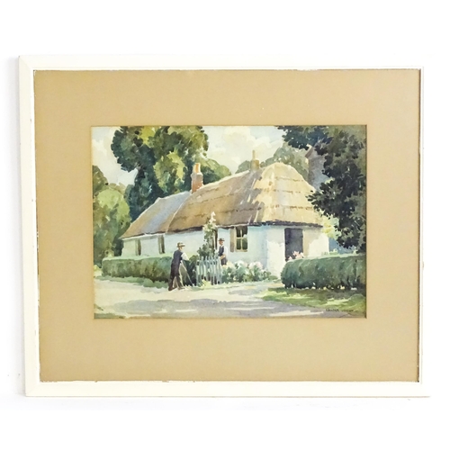 185 - Ernest Denton (1891-1959), Watercolour, A village scene with two men outside a thatched cottage. Sig... 