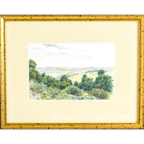 199 - Early 20th century, Watercolour, A landscape scene with fields and coastal castle beyond. Approx. 5 ... 